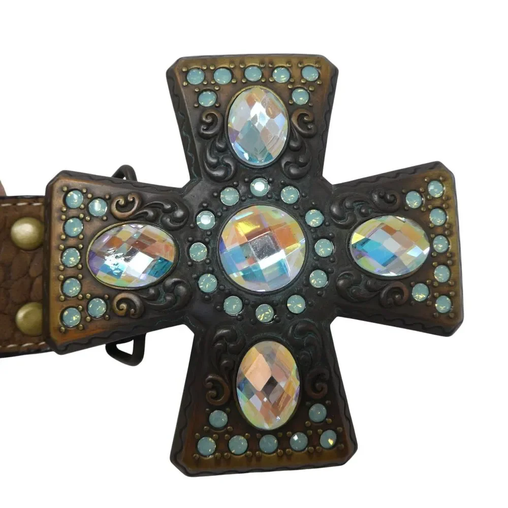 Nocona Brown Croco Print Leather Belt Cross Crystal‎ Buckle Womens Large
